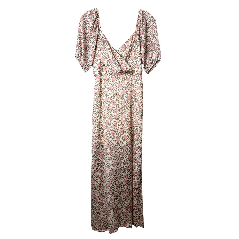All In Favor Floral Midi Dress Women S Cream Multi Puff Sleeve Slit Sheer V Neck